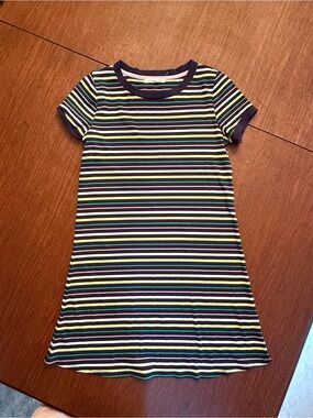 Striped Short Sleeve T-Shirt Dress in Navy, White, Yellow, Green, & soft pink